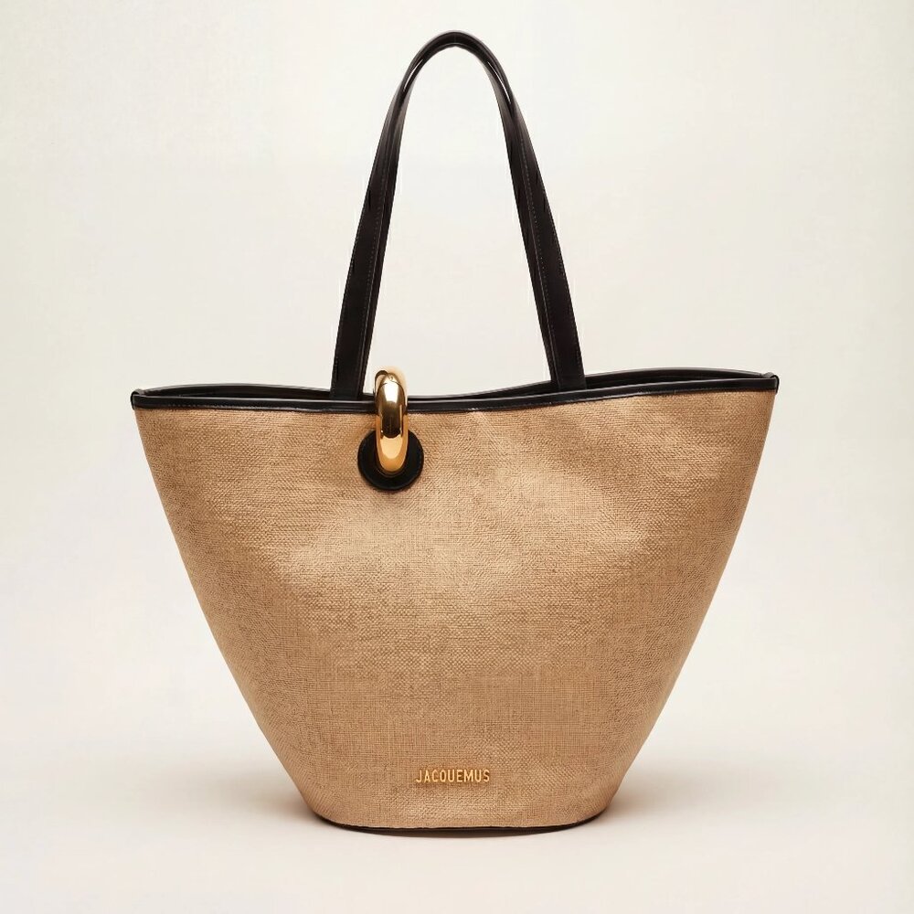 Jacquemus Le Bambola Asymmetric Basket Tote Ivory/Black Faux Raffia Leather Trim